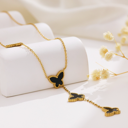 Papillon Butterfly Gold Necklace -Black