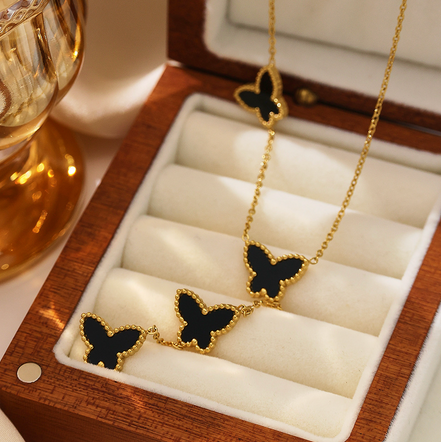Papillon Butterfly Gold Necklace -Black