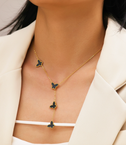 Papillon Butterfly Gold Necklace -Black