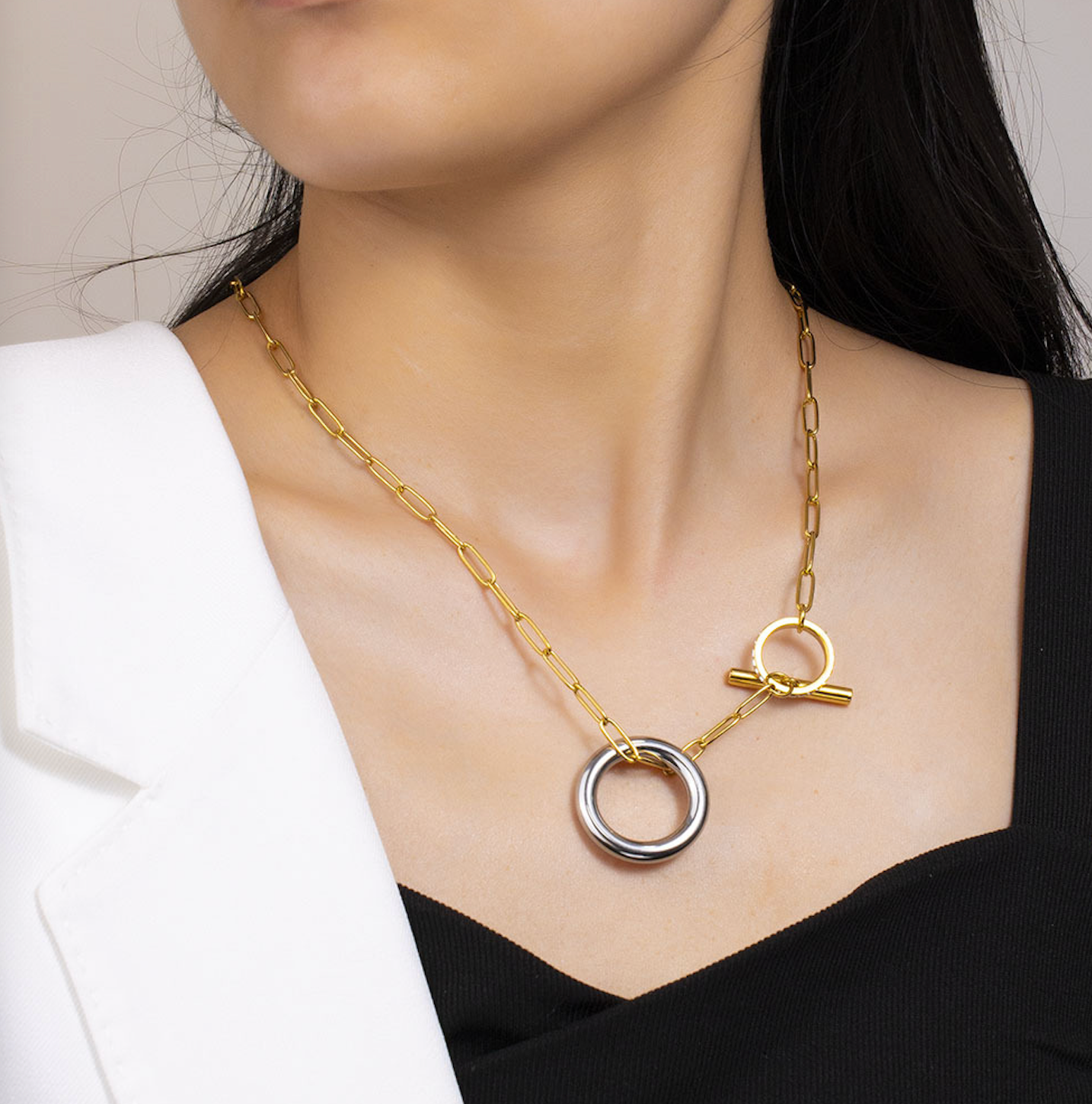 Gold and Steel Link Ring Necklace