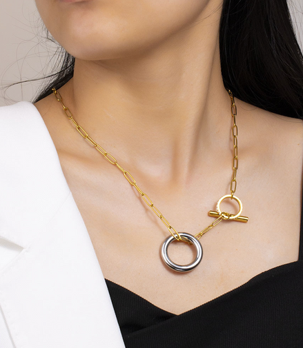 Gold and Steel Link Ring Necklace