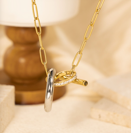 Gold and Steel Link Ring Necklace