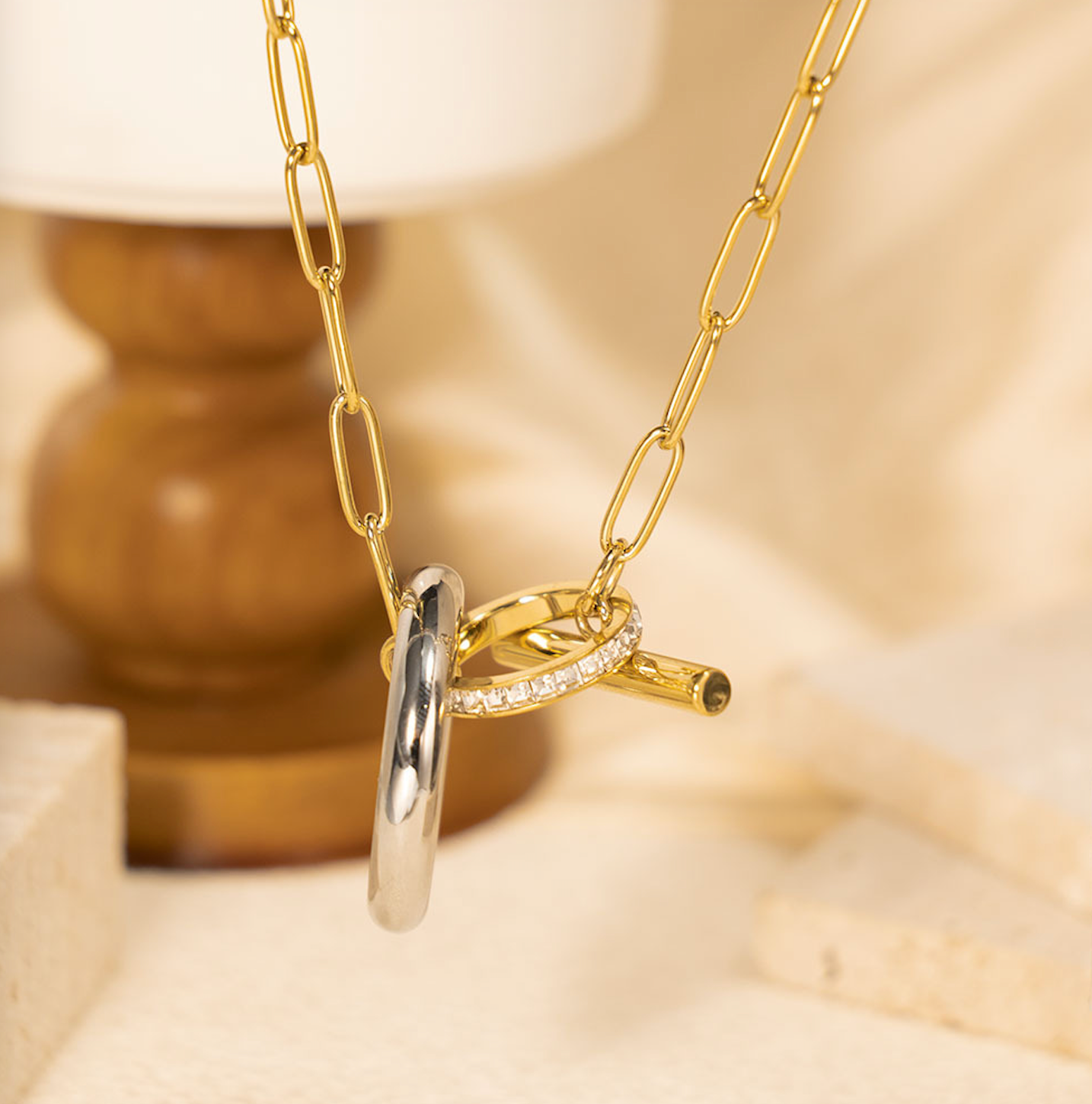 Gold and Steel Link Ring Necklace