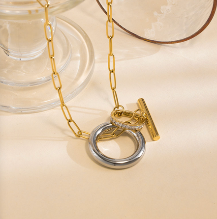 Gold and Steel Link Ring Necklace